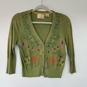 Vintage Anthropologie Green Embroidered Women's cardigan.